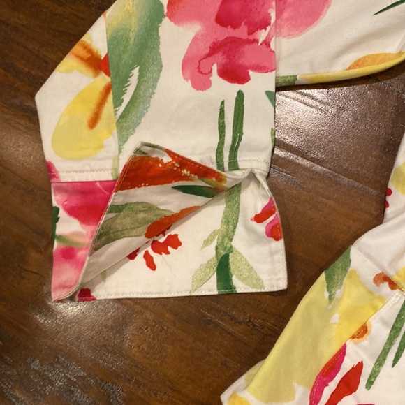 Chico's White Cotton Stretch Collared Blazer w/ Watercolor Floral Print Size 0 - Picture 8 of 13